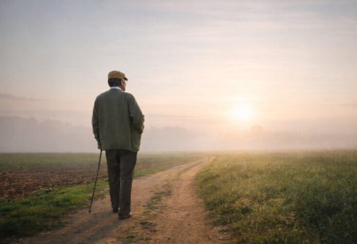 Hombre latino mayor caminando solo por un sendero rural al amanecer, con luz suave y ambiente sereno, simbolizando el discipulado cristiano como un camino cotidiano de formación del carácter.