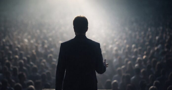 Persona de espaldas, elevada sobre una grada, hablando a una multitud difusa, con luz sobre quien habla y sombras sobre parte del público.