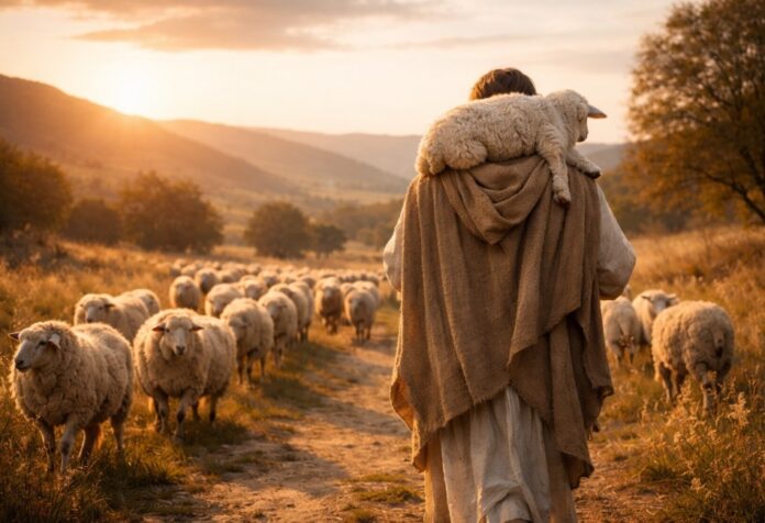 Pastor de espaldas, con una oveja sobre los hombros, detenido en el camino mientras el rebaño se acerca detrás de él, en un paisaje al atardecer. La escena sugiere espera, cuidado y guía, no alejamiento.