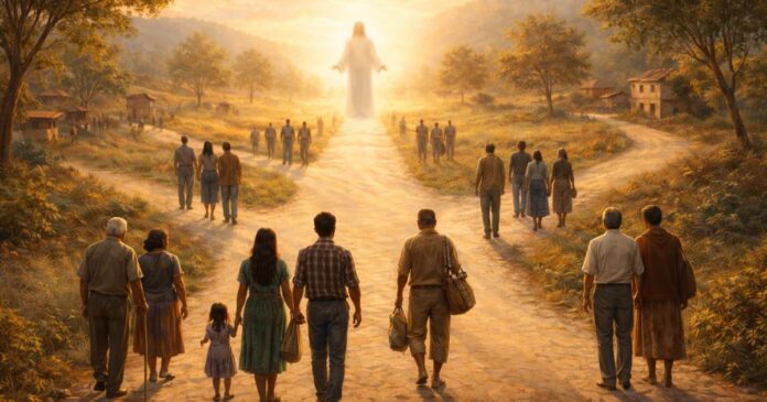 Personas con rasgos latinos caminan por distintos senderos que se unen en uno solo, hacia una figura luminosa y difuminada que representa a Jesús, en un paisaje rural con luz suave.