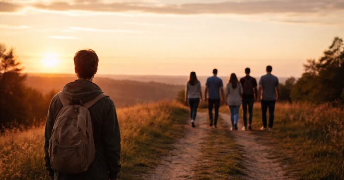 Persona de espaldas observa el horizonte al atardecer mientras un grupo de personas camina por el mismo sendero, simbolizando la fe personal y comunitaria.