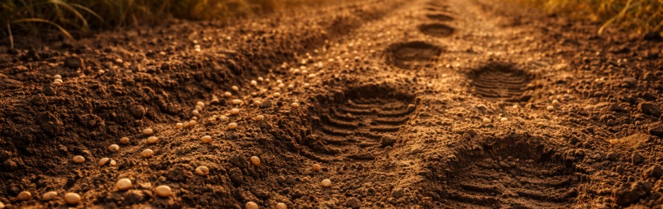Semillas esparcidas sobre surcos de tierra con huellas de pasos que se alejan por un camino iluminado por el sol.