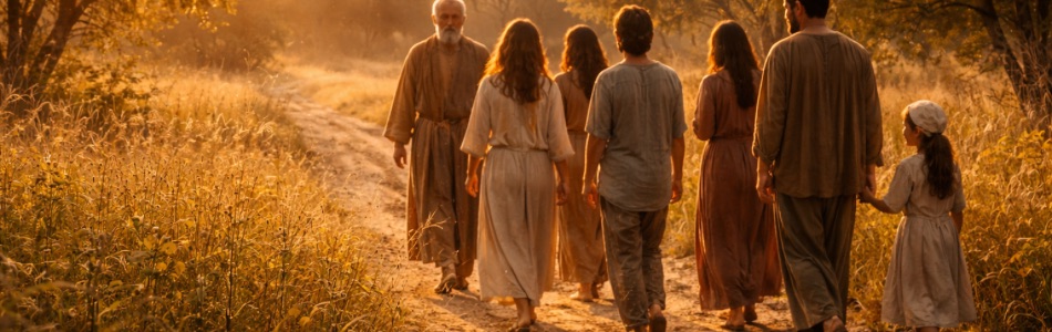 Grupo de personas vestidas de manera sencilla caminando por un sendero entre árboles y pasto alto al atardecer.