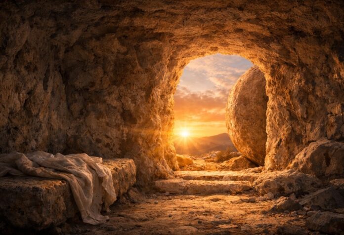 Interior de una tumba excavada en roca al amanecer, con la piedra removida y luz dorada entrando desde el exterior, simbolizando la resurrección al tercer día.