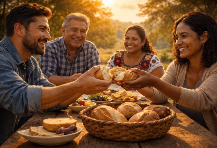 Cuatro personas mexicanas comparten pan en una mesa al aire libre durante el atardecer, sonriendo mientras se reparten el alimento en un ambiente fraterno y cálido.