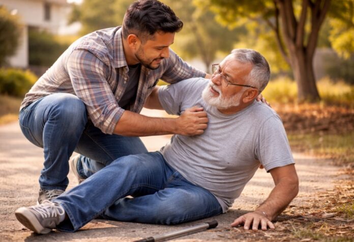 Hombre latino ayuda a otro hombre mayor que ha caído en la calle, mostrándole apoyo con una actitud de cuidado y solidaridad.