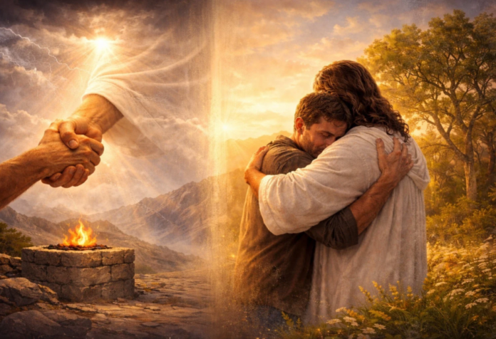 Ilustración dividida en dos escenas: a la izquierda, una mano que desciende del cielo estrecha la mano de un hombre junto a un altar, simbolizando un pacto; a la derecha, Jesús de espaldas abraza a un hombre en un paisaje cálido, representando una relación cercana y filial.