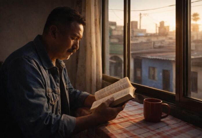 Hombre en un entorno urbano sencillo leyendo la Biblia junto a una ventana, iluminado por luz cálida del atardecer.