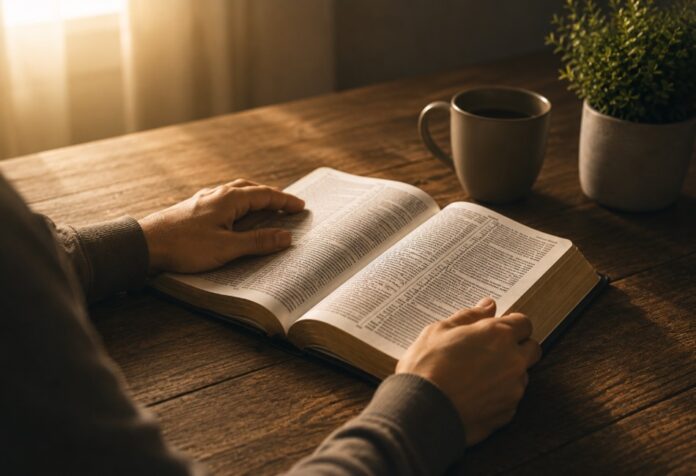 Una persona sentada frente a una Biblia abierta sobre una mesa de madera, iluminada por una luz cálida, mientras sostiene el libro en actitud de lectura y reflexión espiritual.