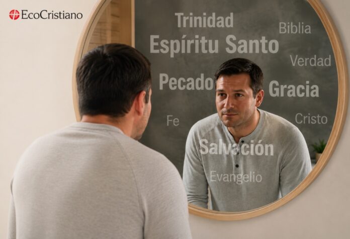 Hombre observándose en un espejo mientras aparecen reflejadas palabras relacionadas con doctrinas cristianas como Trinidad, Espíritu Santo, pecado, gracia, salvación y evangelio.