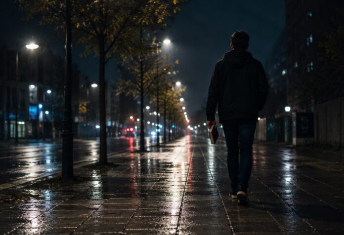 Una persona camina sola por una calle mojada durante la noche mientras sostiene un libro en la mano, rodeada de luces urbanas y reflejos sobre el pavimento húmedo.