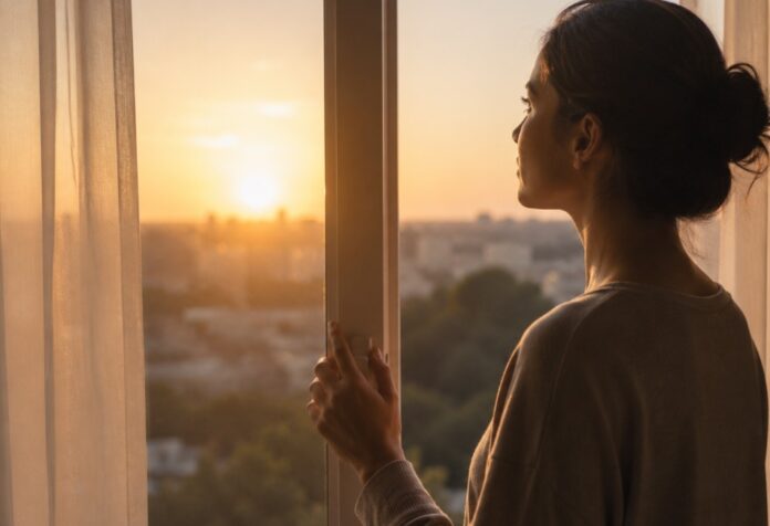 Una mujer contempla el amanecer desde una ventana mientras la luz cálida ilumina suavemente su rostro y el interior de la habitación.