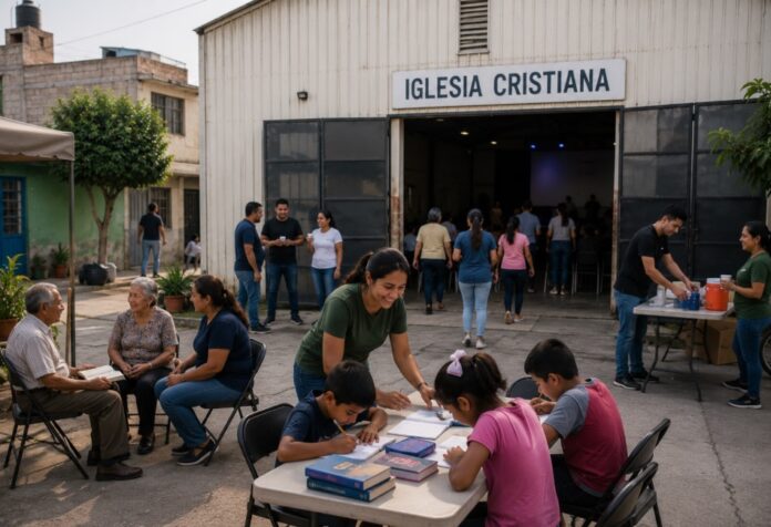 Personas de distintas edades participan en actividades comunitarias en una colonia, incluyendo asesoría escolar, apoyo a familias, limpieza de espacios públicos y convivencia vecinal, mientras un letrero al fondo dice: “Jesús ama a nuestra colonia”.