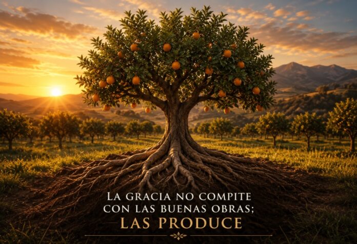Árbol frutal iluminado por el atardecer con raíces visibles sobre la tierra, simbolizando la relación entre la gracia de Dios y las buenas obras que brotan de una fe viva.