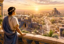 ¿Puede un cristiano vivir su fe en una cultura que no comparte sus valores? Daniel y los creyentes en medio de Babilonia Joven Daniel observa la ciudad de Babilonia desde una terraza decorada con motivos mesopotámicos. La ciudad aparece iluminada por la luz dorada del atardecer, con templos, murallas, palacios y una intensa actividad comercial en sus calles.
