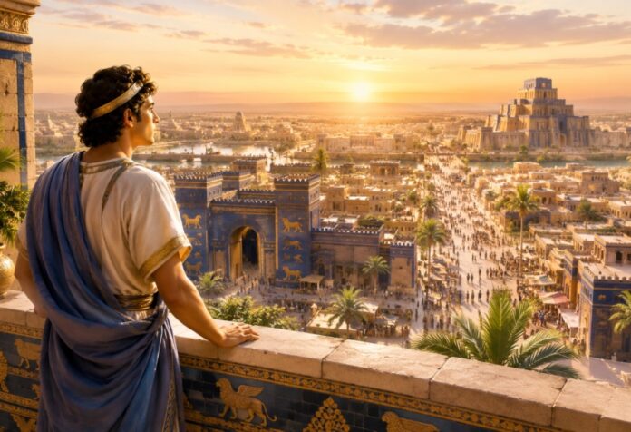 Joven Daniel observa la ciudad de Babilonia desde una terraza decorada con motivos mesopotámicos. La ciudad aparece iluminada por la luz dorada del atardecer, con templos, murallas, palacios y una intensa actividad comercial en sus calles.