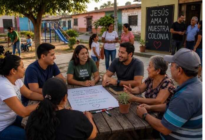 Grupo de vecinos y cristianos reunidos alrededor de una mesa en un parque de colonia mexicana, conversando sobre proyectos comunitarios, mientras al fondo se observa un letrero con la frase “Jesús ama a nuestra colonia”.