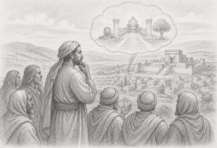 Ilustración a lápiz de varios hombres judíos del siglo I contemplando Jerusalén y representando su esperanza en el Reino de Dios.