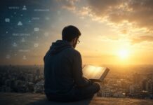 ¿Por qué el mundo tiene cada vez más información… pero menos sabiduría? Hombre contemplando la ciudad mientras lee la Biblia al amanecer, rodeado por símbolos digitales que representan el contraste entre la información y la sabiduría cristiana.