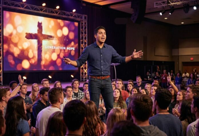 Líder cristiano comparte un mensaje bíblico frente a un grupo de jóvenes durante una reunión de enseñanza y discipulado.