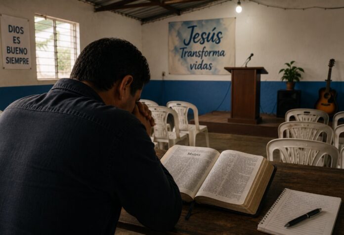Pastor ora con una Biblia abierta en el Evangelio de Mateo dentro de una sencilla iglesia evangélica de barrio antes de preparar su predicación.