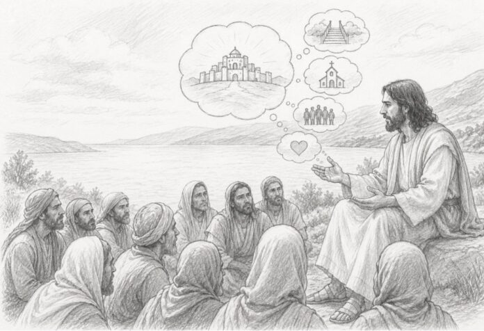 Ilustración a lápiz de Jesús enseñando a sus discípulos junto a un lago, mientras explica el Reino de Dios mediante imágenes y parábolas.