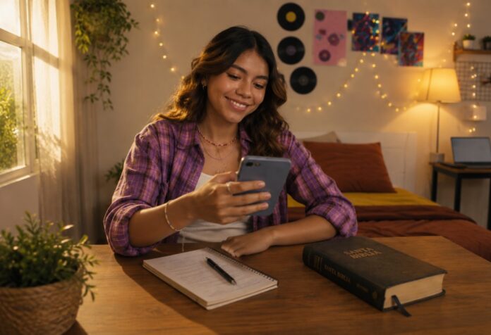 Joven cristiana utiliza su teléfono móvil frente a una mesa con una Biblia y un cuaderno, en una escena cotidiana que representa la presencia de la fe en el uso de las redes sociales.