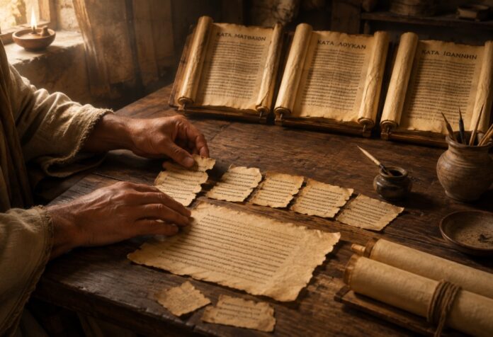 Manos de un antiguo escritor organizan fragmentos de pergamino sobre una mesa, mientras al fondo aparecen manuscritos que representan los Evangelios.