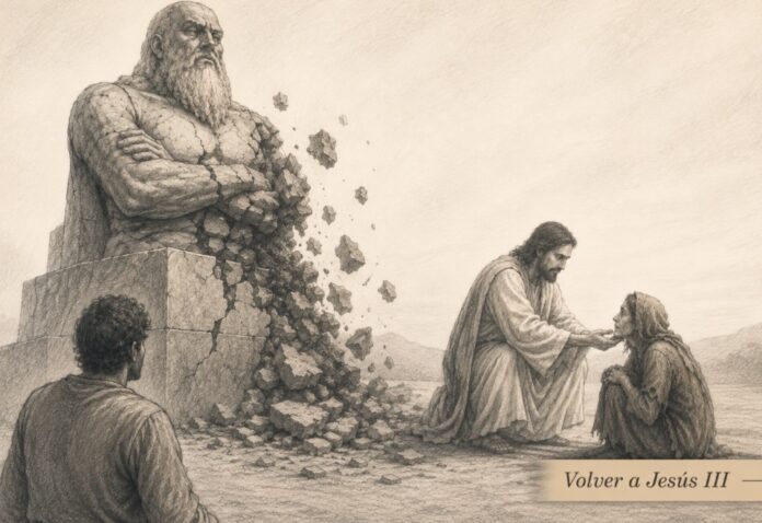 Ilustración a lápiz de una gran estatua severa que se resquebraja mientras Jesús se acerca con compasión a una persona que sufre.