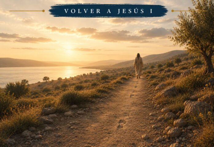 Ilustración de Jesús caminando por un sendero junto al lago de Galilea al atardecer, con el cintillo “Volver a Jesús I”, el logotipo de Eco Cristiano y la frase “Antes de seguir cualquier voz, volvamos a escuchar la de Jesús”.