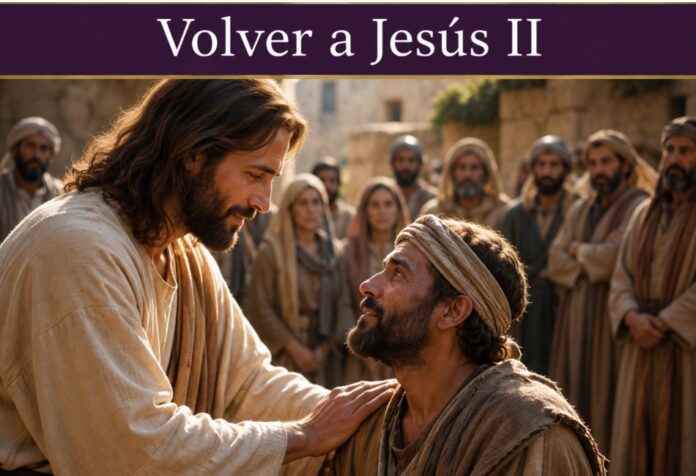 Jesús coloca su mano sobre el hombro de un hombre necesitado mientras lo mira con profunda compasión; detrás de ellos, varias personas observan la escena. En la parte superior aparece el cintillo “Volver a Jesús II”.